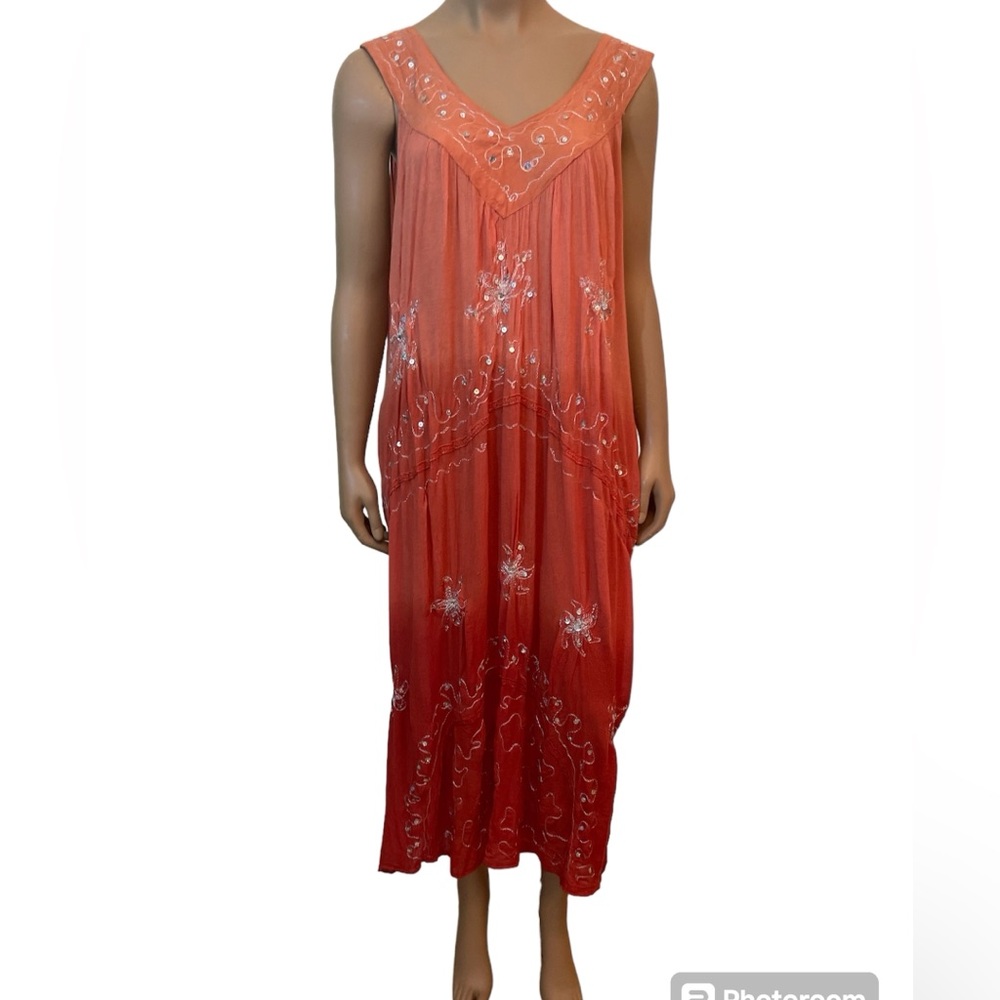 Sunflower Summer Orange Salmon Crinkle Sundress Sequin Embroidered SZ Free